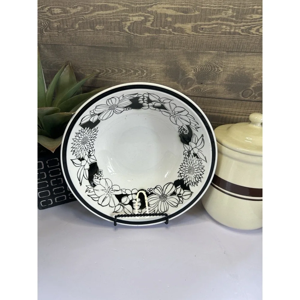 Vintage Black & White Floral Serving Bowl Retro Cottage Kitchen Farmhouse 9